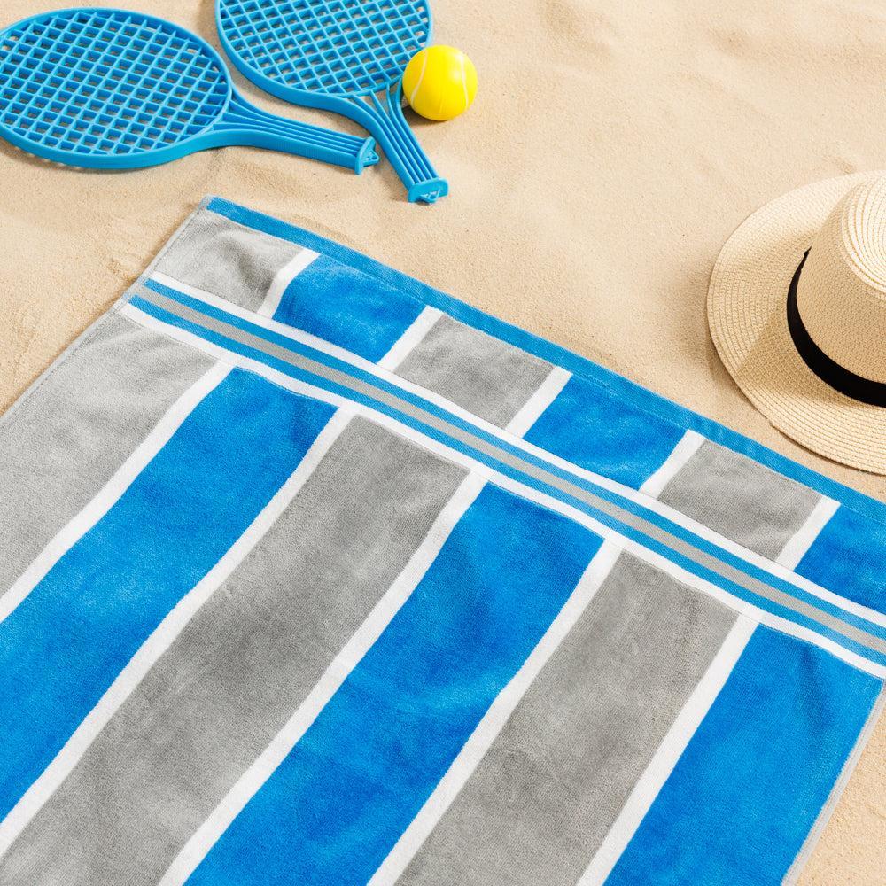 Cotton Bay Laguna Stripe Velour Beach Towel Royal Blue and Ash Grey-Beach Towels