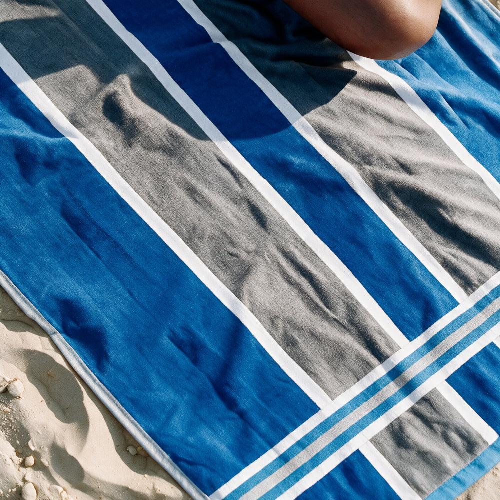 Cotton Bay Laguna Stripe Velour Beach Towel Royal Blue and Ash Grey-Beach Towels