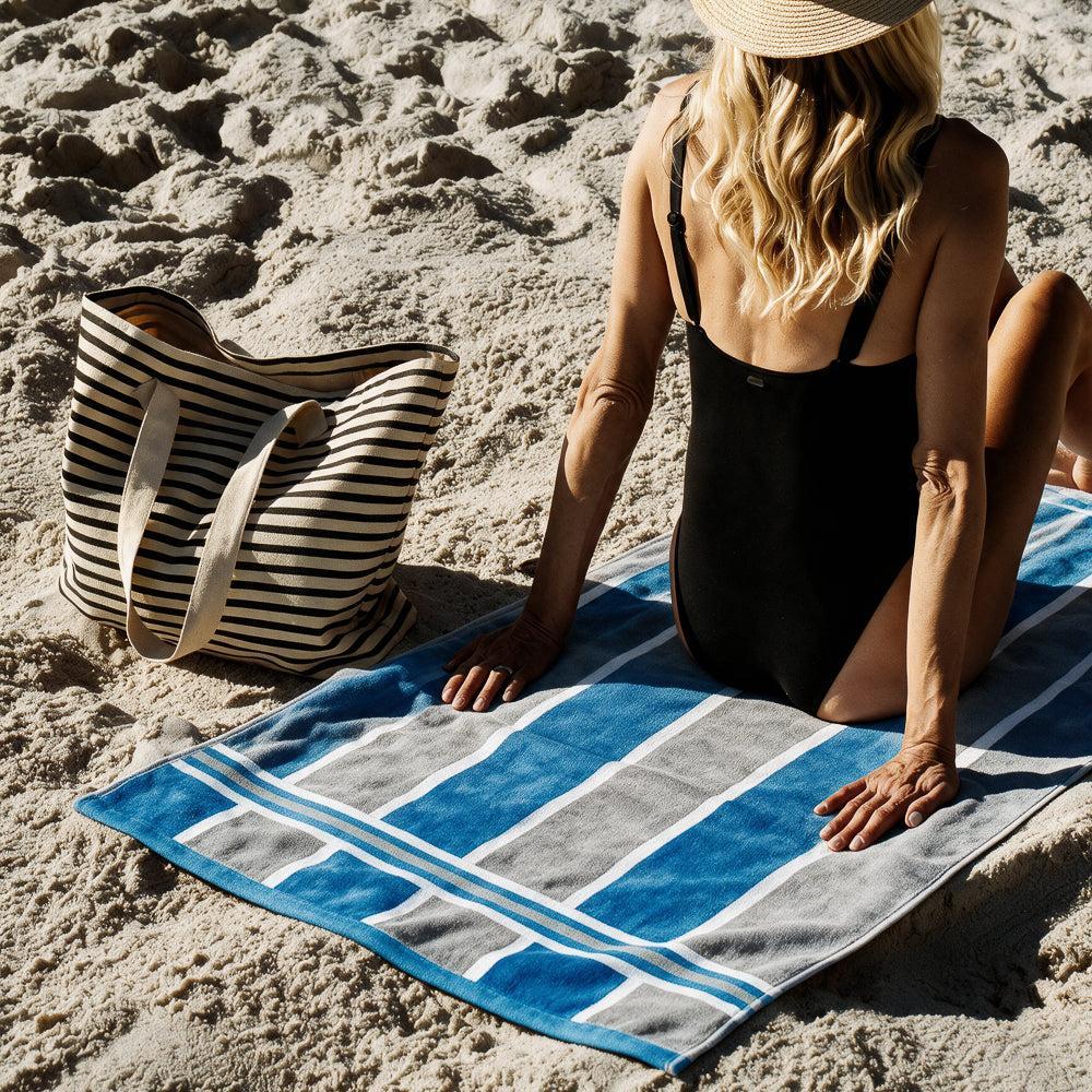 Cotton Bay Laguna Stripe Velour Beach Towel Royal Blue and Ash Grey-Beach Towels