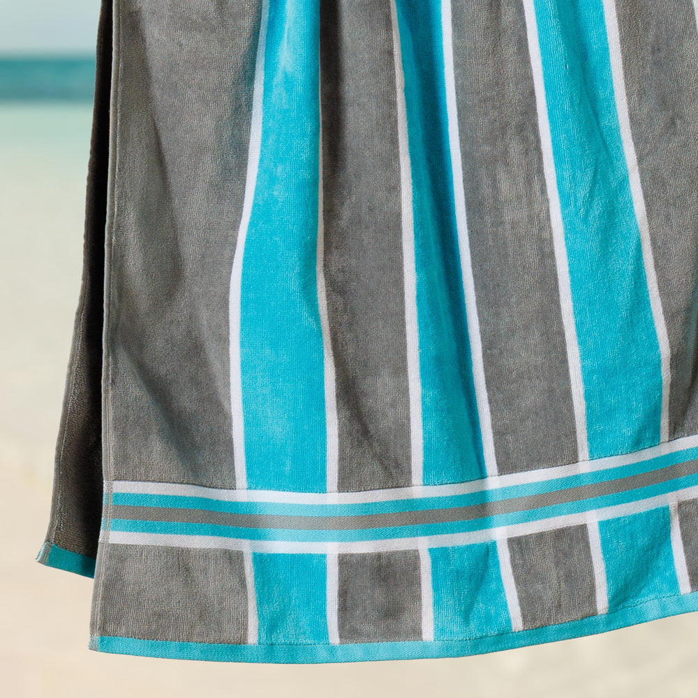 Cotton Bay Laguna Stripe Velour Beach Towel Sea Blue and Grey-Beach Towels