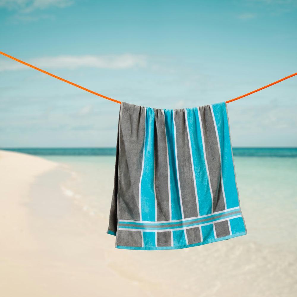 Cotton Bay Laguna Stripe Velour Beach Towel Sea Blue and Grey-Beach Towels