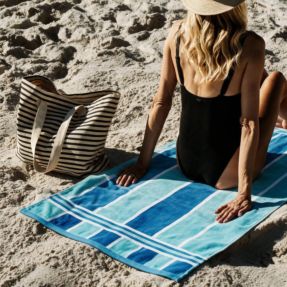 Cotton Bay Laguna Stripe Velour Beach Towel Sky and Royal Blue-Beach Towels