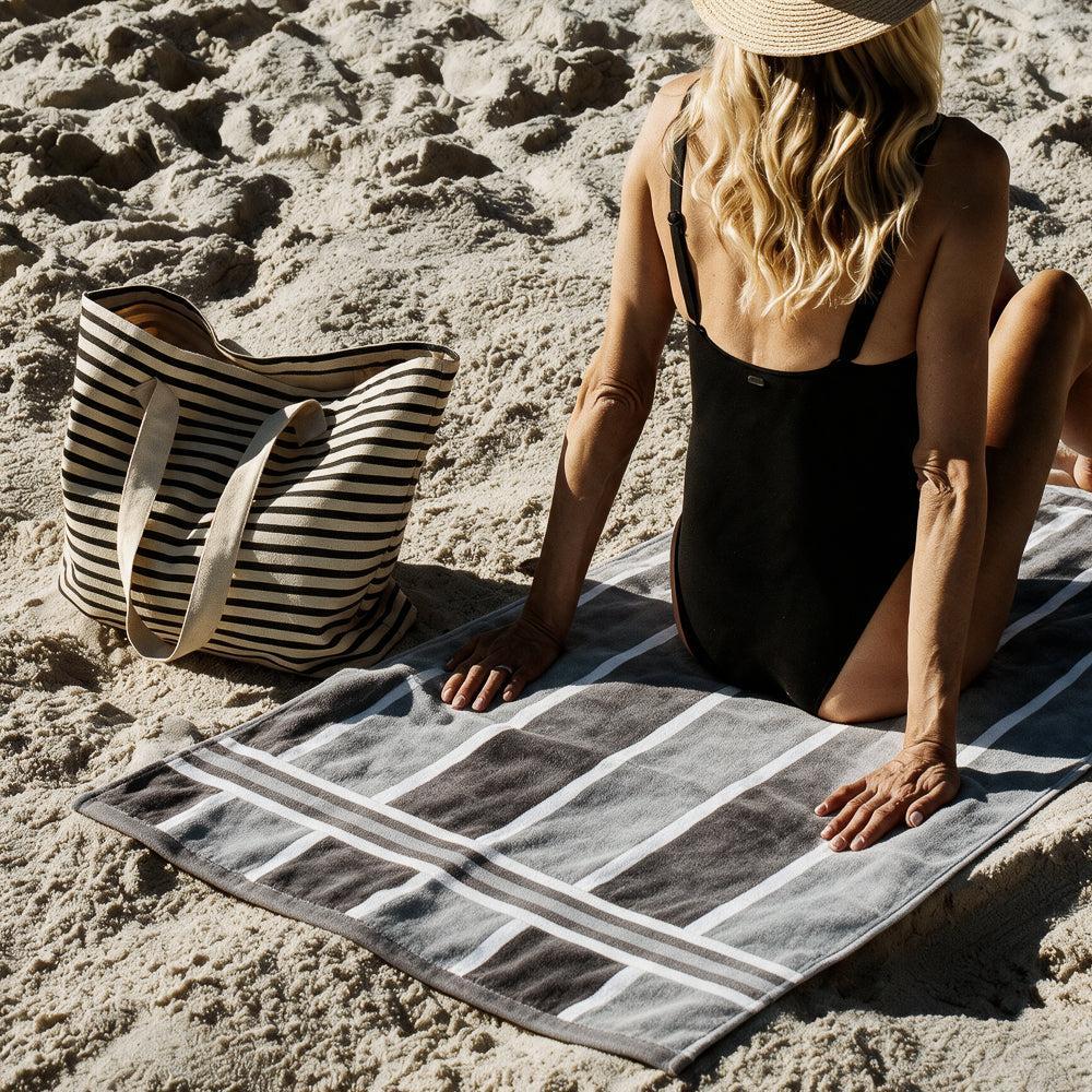 Cotton Bay Laguna Stripe Velour Beach Towel Steel and Ash Grey-Beach Towels