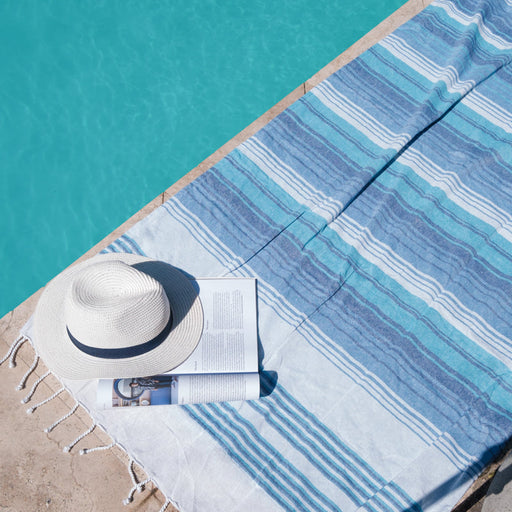 Cotton Bay Stripe Backed Fouta - Turquoise/Royal Blue