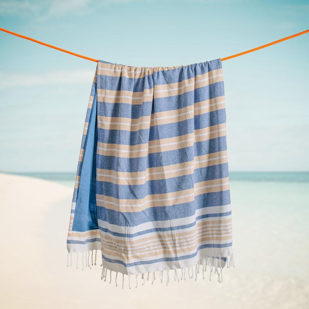 Cotton Bay Unison Stripe Backed Fouta Indigo Blue and Beige-Foutas