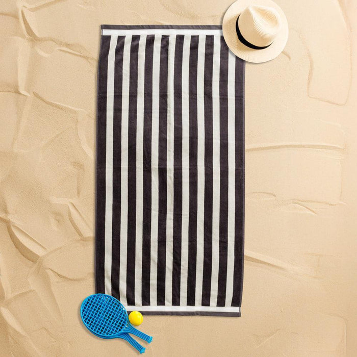 Cotton Bay Velour Stripe Beach Towel Coastal Fog-Beach Towels