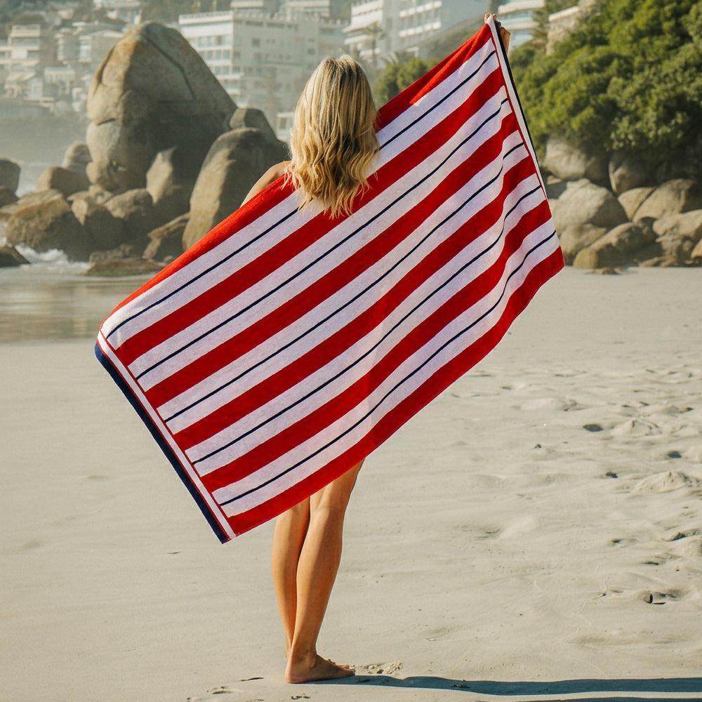 Cotton Bay Velour Stripe Beach Towel Crimson Reef-Beach Towels