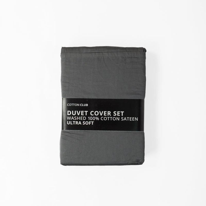 Cotton Club 300 Thread Count Sateen Washed Cotton Duvet Cover Set Charcoal-Duvet Cover Sets