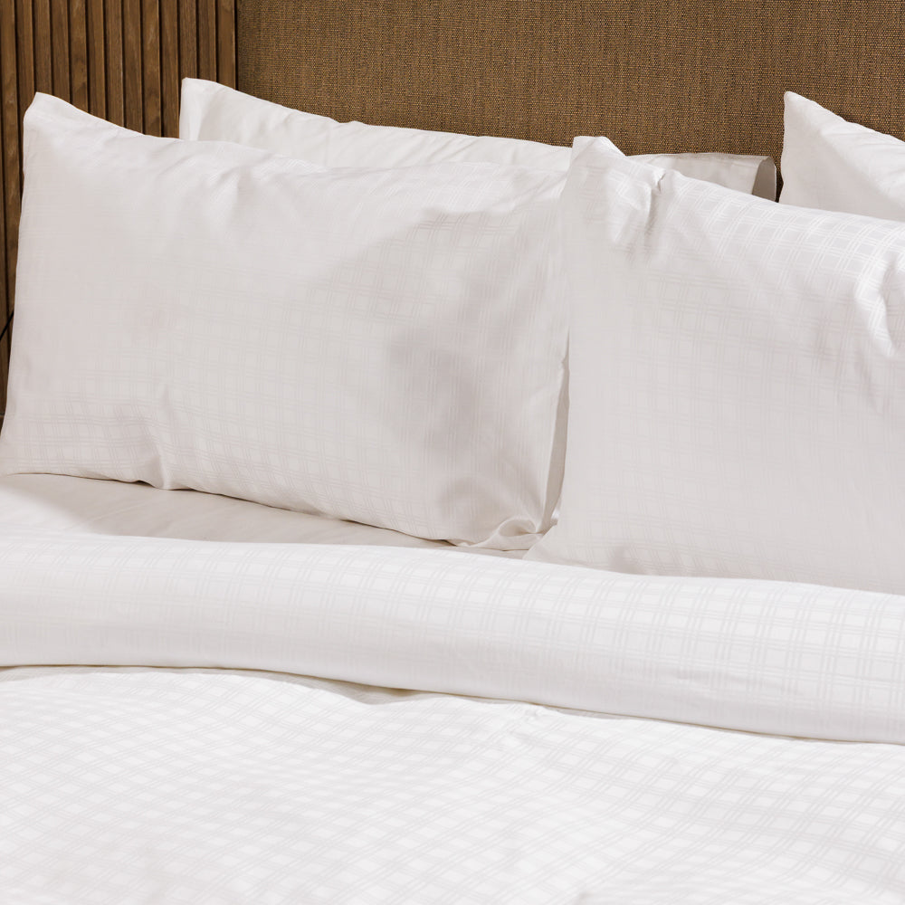 Cotton Club 450 Thread Count Jacquard Plaid Duvet Cover Set White-Duvet Cover Sets
