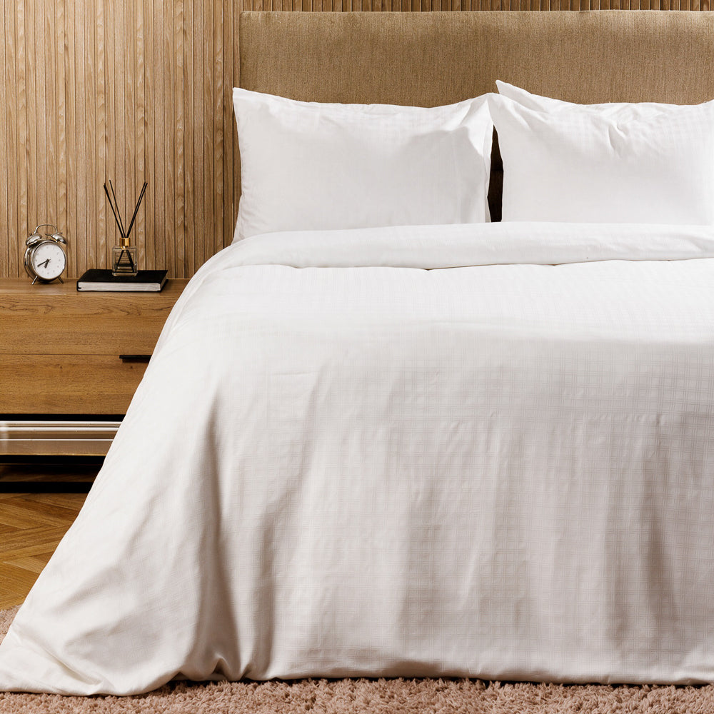 Cotton Club 450 Thread Count Jacquard Plaid Duvet Cover Set White-Duvet Cover Sets