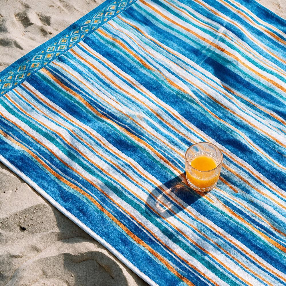 Cotton Collection Bay Breeze Stripes Velour Beach Towel-Beach Towels