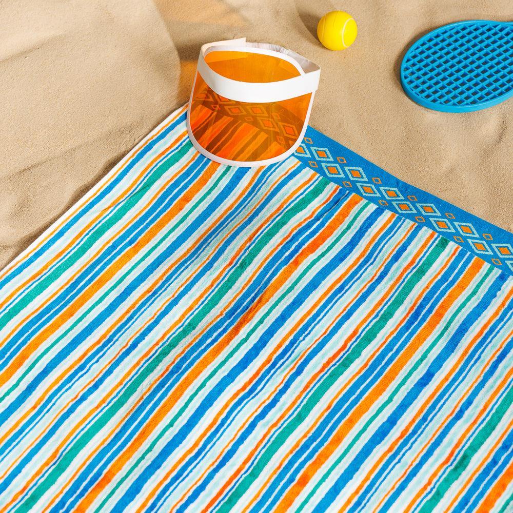 Cotton Collection Bay Breeze Stripes Velour Beach Towel-Beach Towels