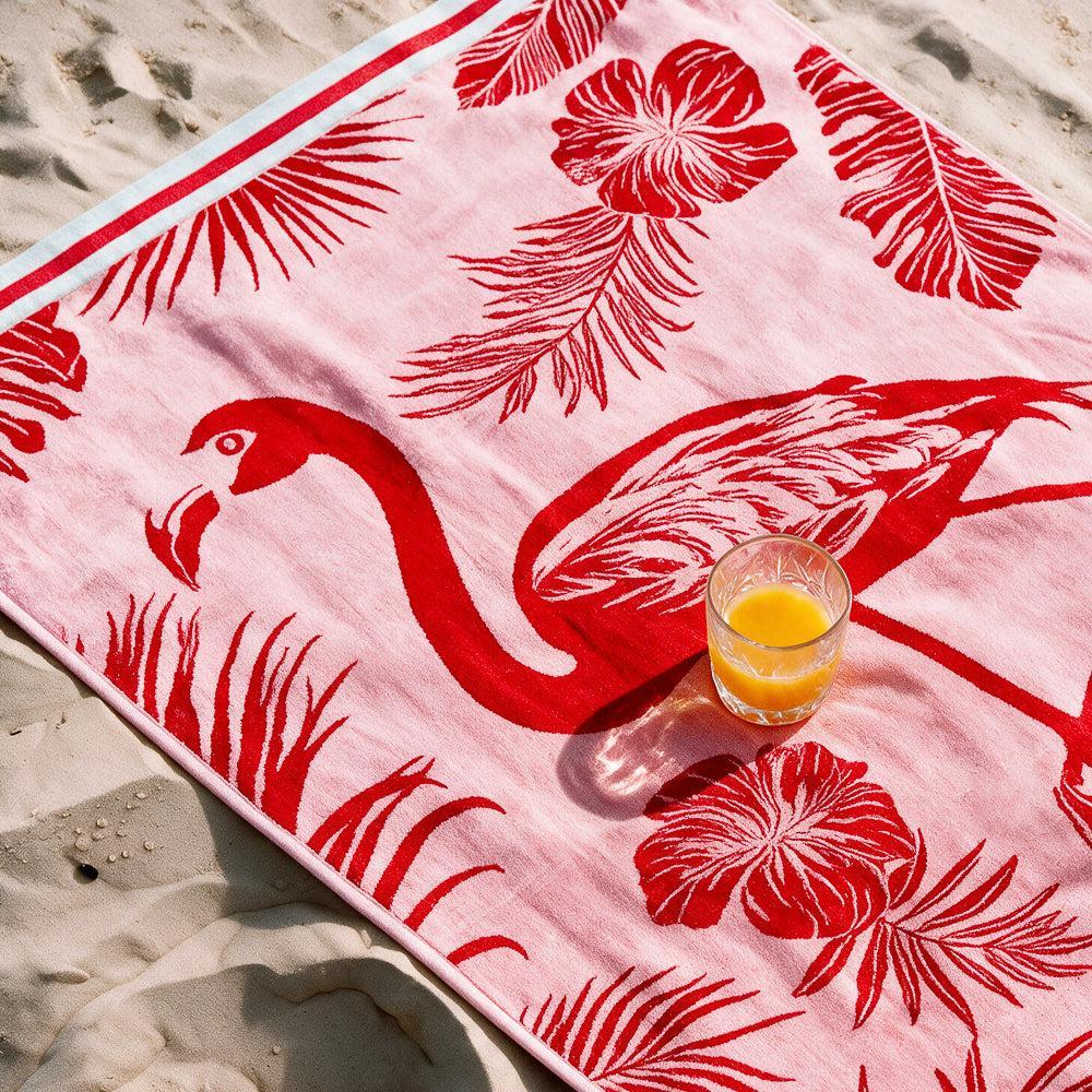 Cotton Collection Flamingos Velour Beach Towel-Beach Towels