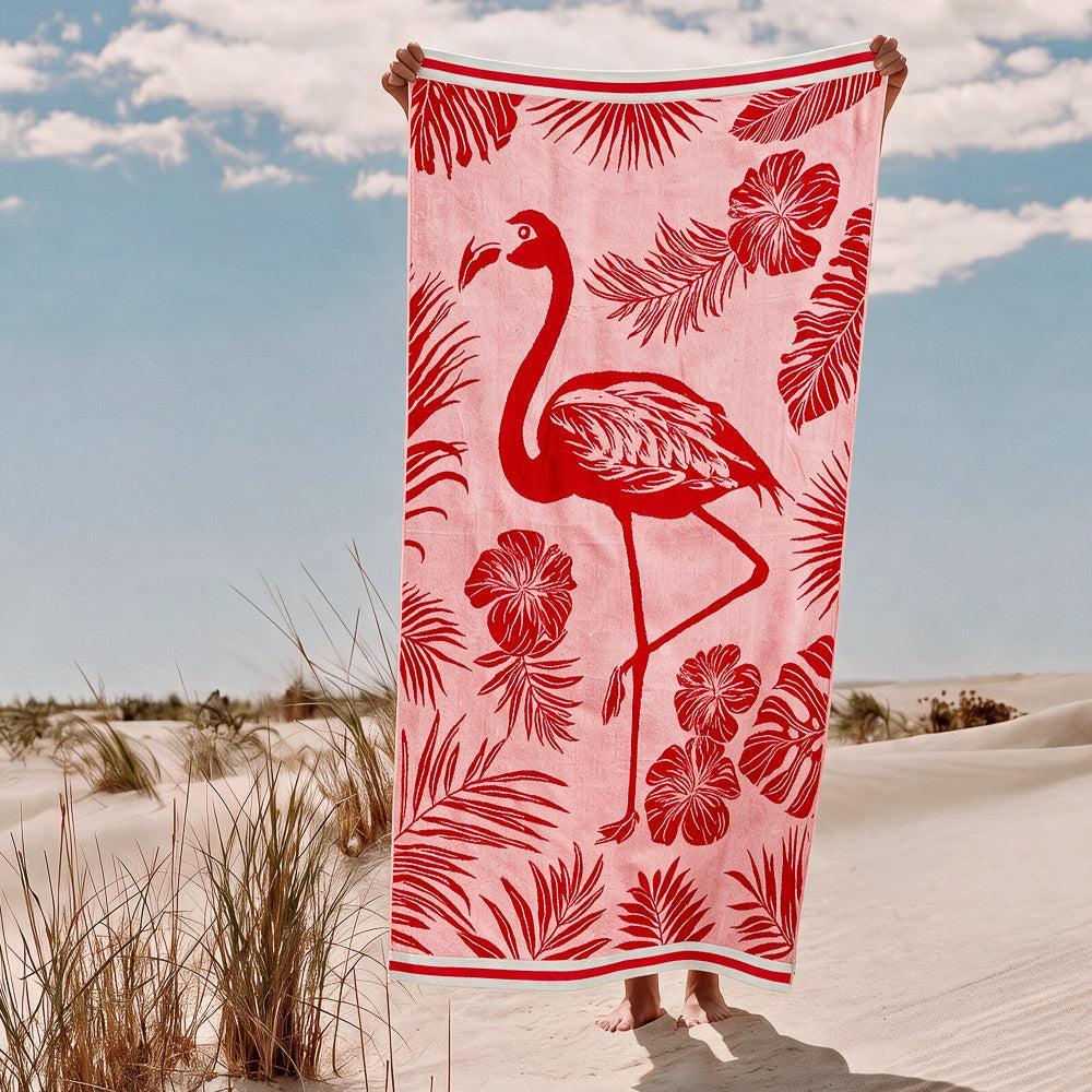 Cotton Collection Flamingos Velour Beach Towel-Beach Towels