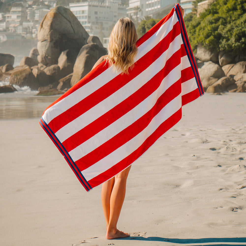 Cotton Collection Jacquard Beach Towel Red Stripe-Beach Towels