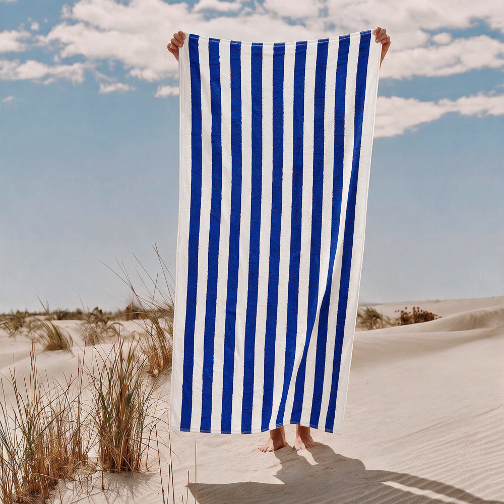 Cotton Collection Jacquard Beach Towel Royal Blue Stripe-Beach Towels