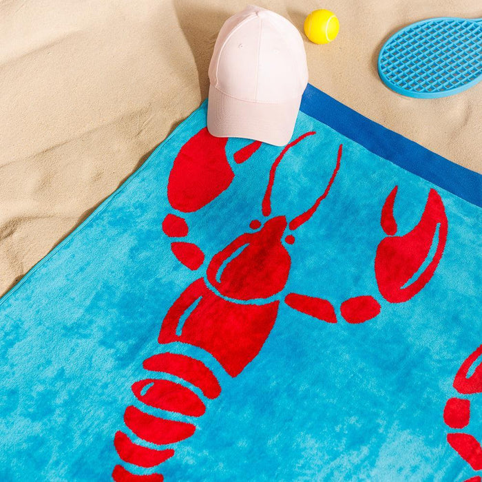 Cotton Collection Lobster Lagoon Velour Beach Towel-Beach Towels