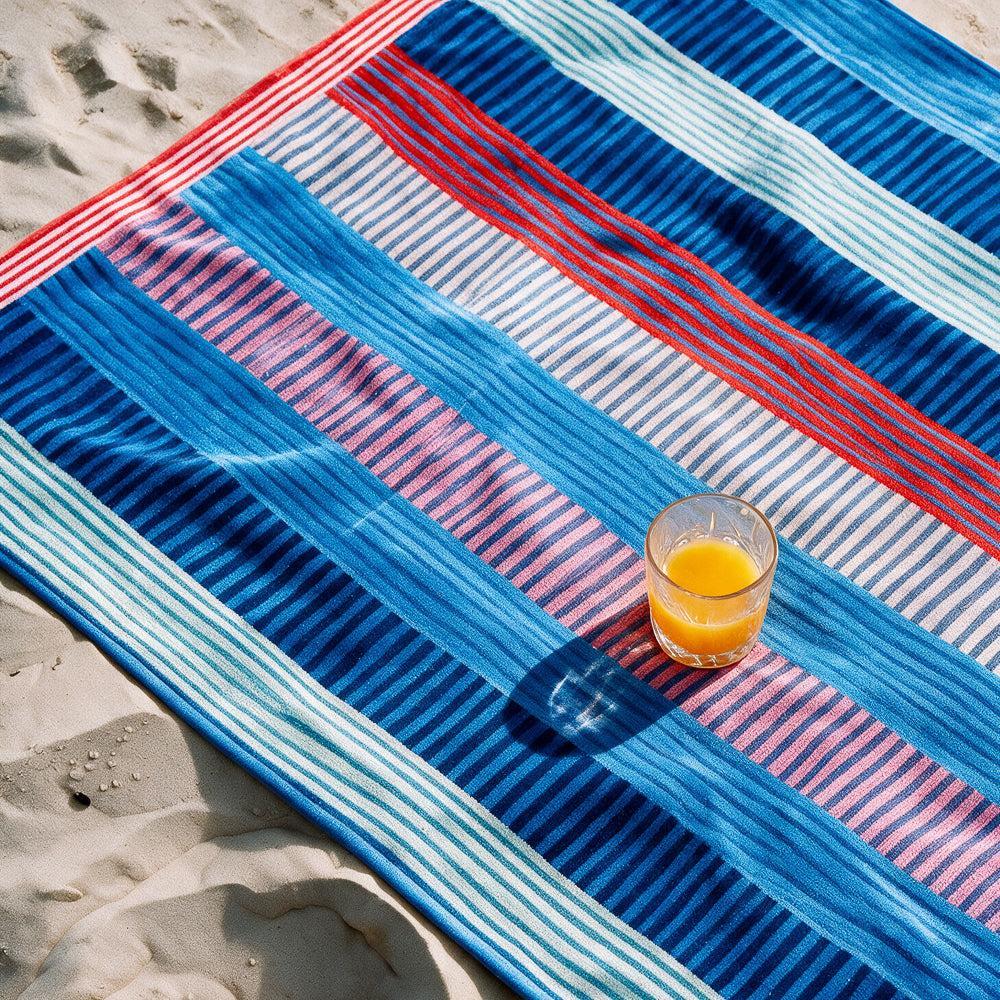 Cotton Collection Ocean Sunset Stripe Velour Beach Towel-Beach Towels