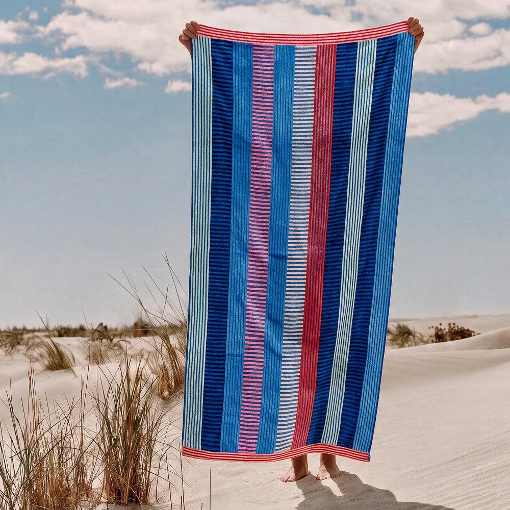 Cotton Collection Ocean Sunset Stripe Velour Beach Towel-Beach Towels