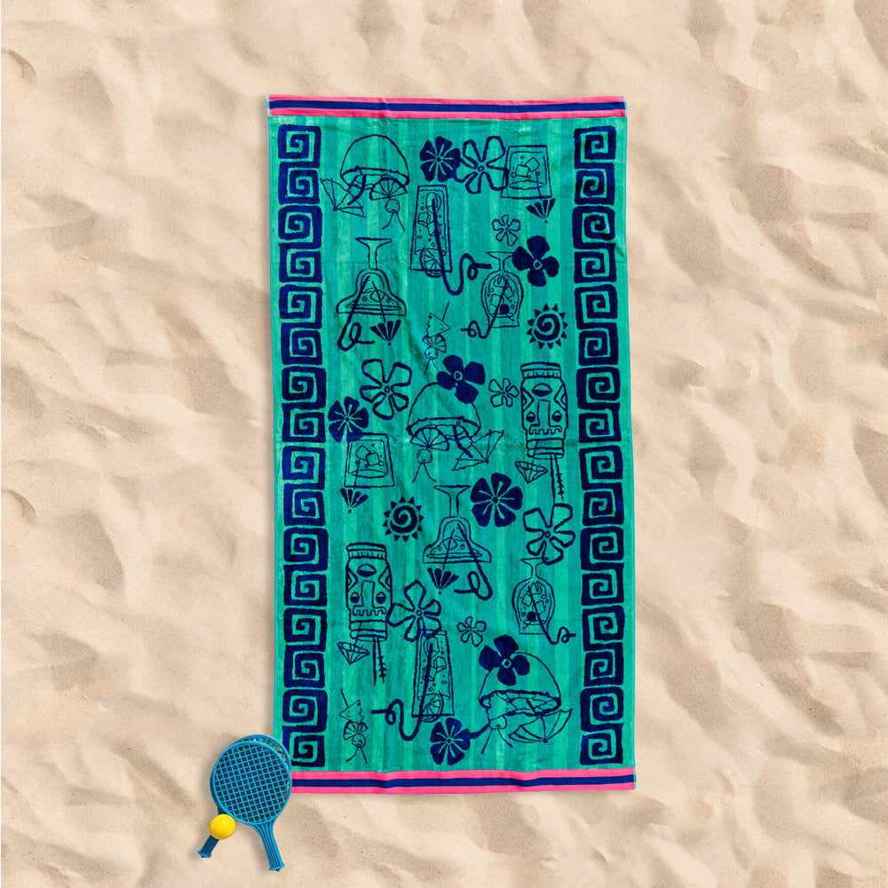 Cotton Collection Velour Ocean Vibes Beach Towel-Beach Towels