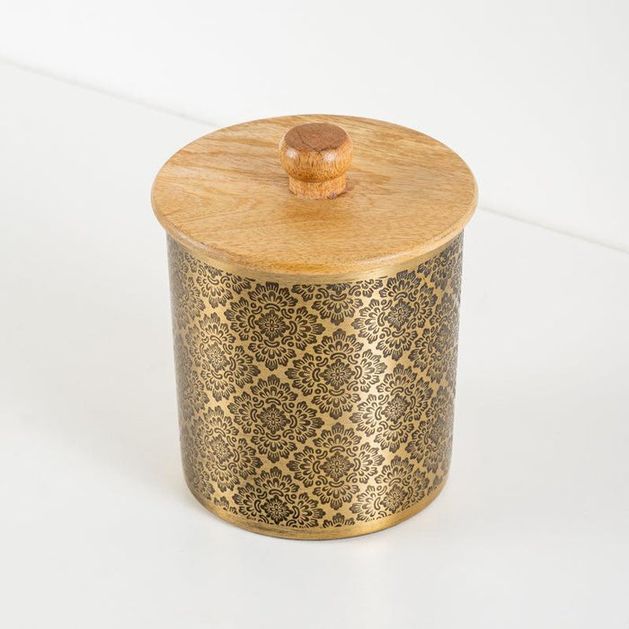 Embossed Canister with wooden Lid - Gold