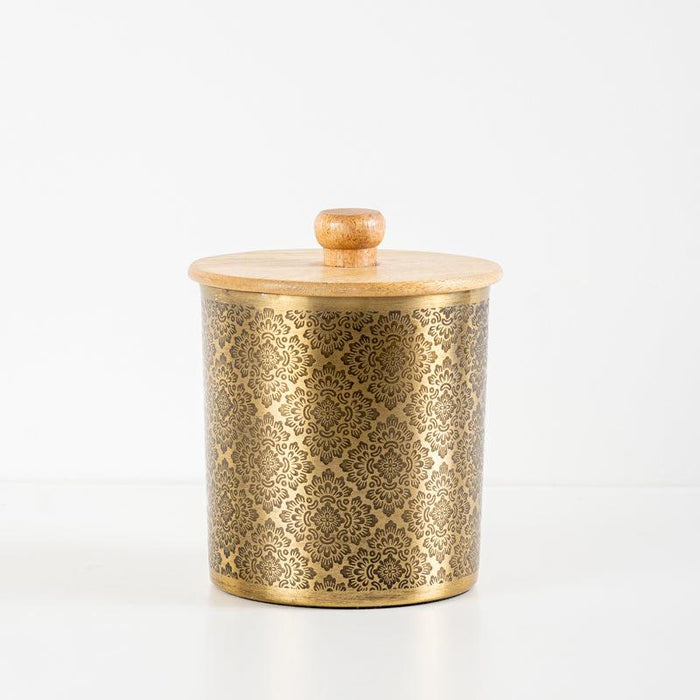 Embossed Canister with wooden Lid - Gold