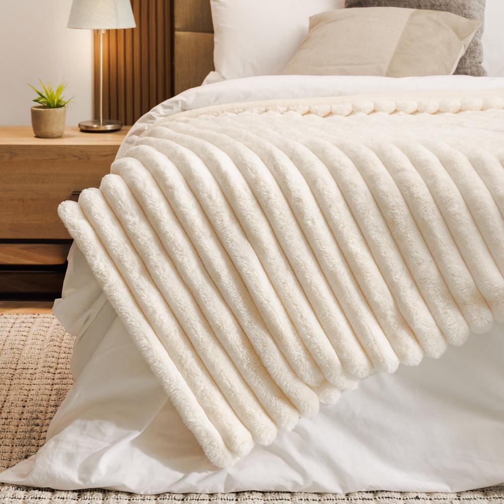 Fluted Faux Fur Blanket Ivory-Blankets