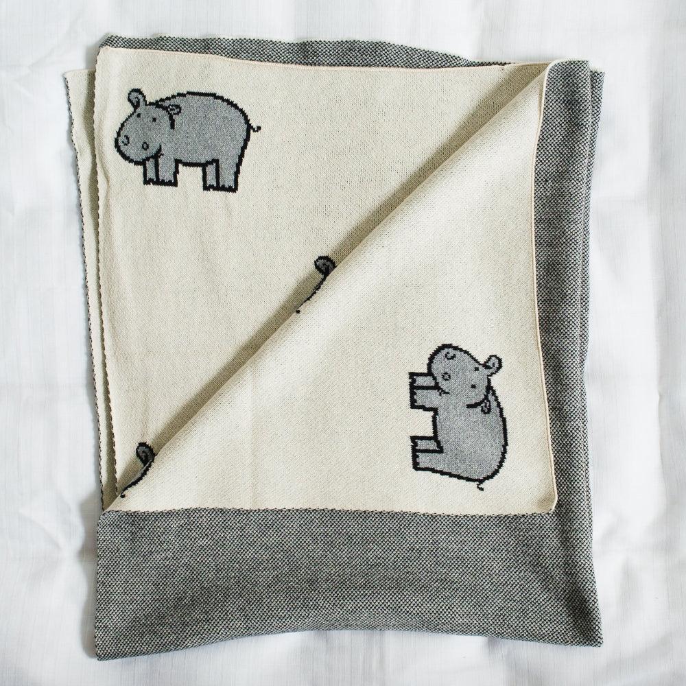 100% Cotton Jacquard Baby Blanket 80x100cm - Happy Hippo-Blankets-Little Whitehouse