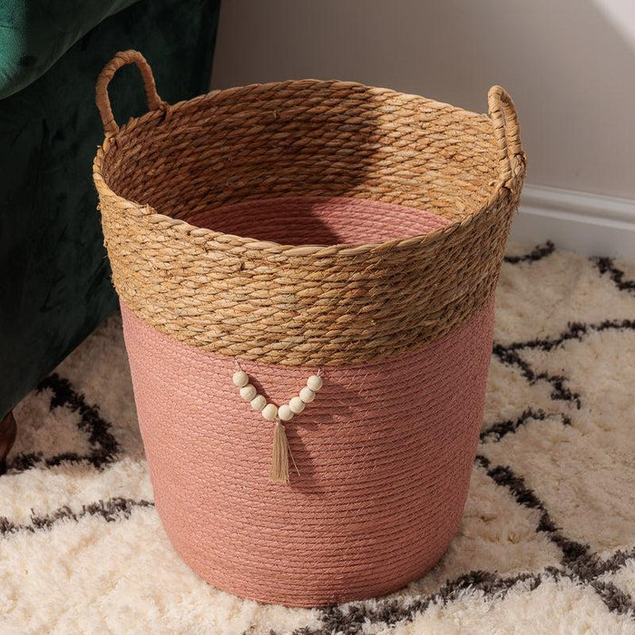 Conical Bulrush & Paper Basket - Coral-Basket