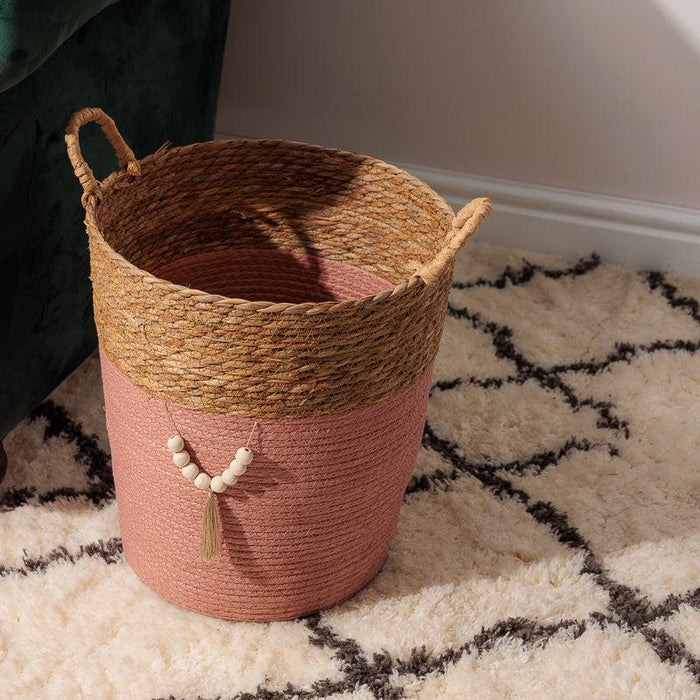 Conical Bulrush & Paper Basket - Coral-Basket