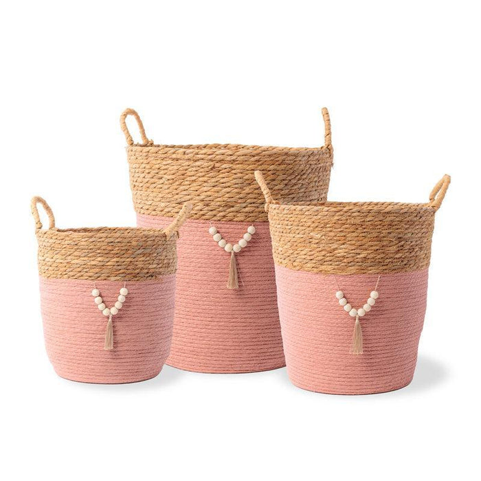 Conical Bulrush & Paper Basket - Coral-Basket