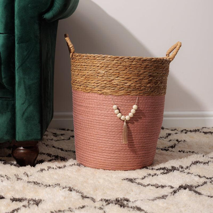 Conical Bulrush & Paper Basket - Coral-Basket