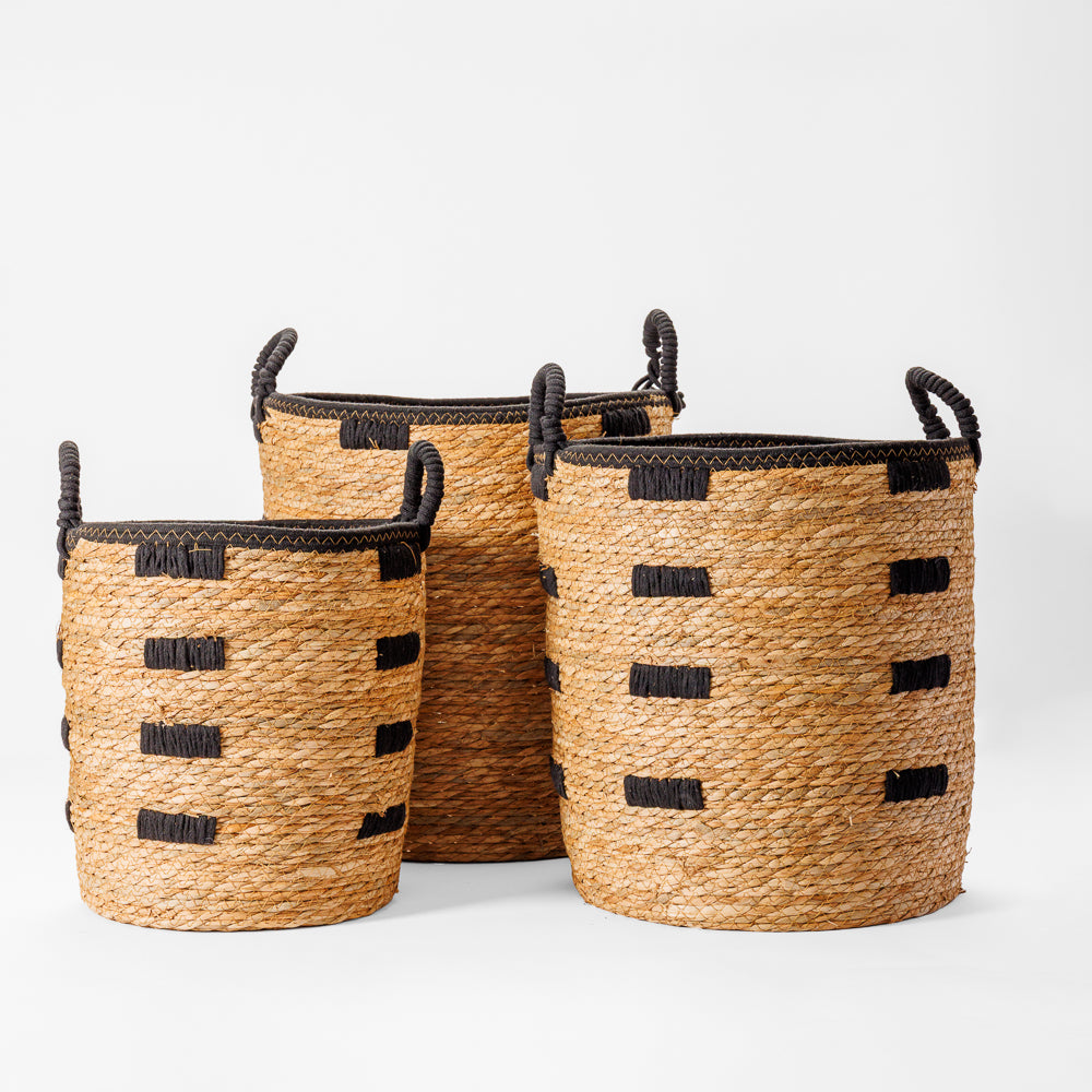 Home.Life Bulrush Basket Black Block Stitch Natural-Storage Baskets