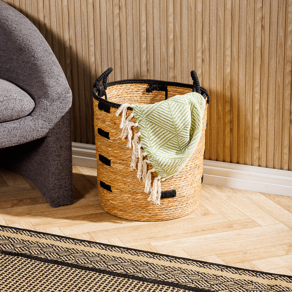 Home.Life Bulrush Basket Black Block Stitch Natural-Storage Baskets
