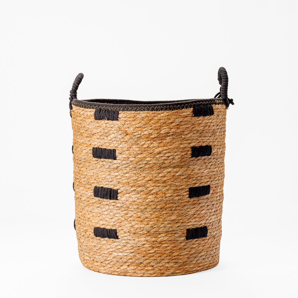 Home.Life Bulrush Basket Black Block Stitch Natural-Storage Baskets