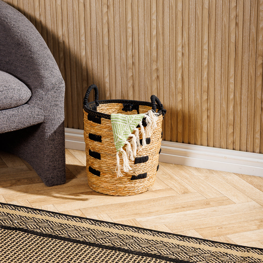 Home.Life Bulrush Basket Black Block Stitch Natural-Storage Baskets