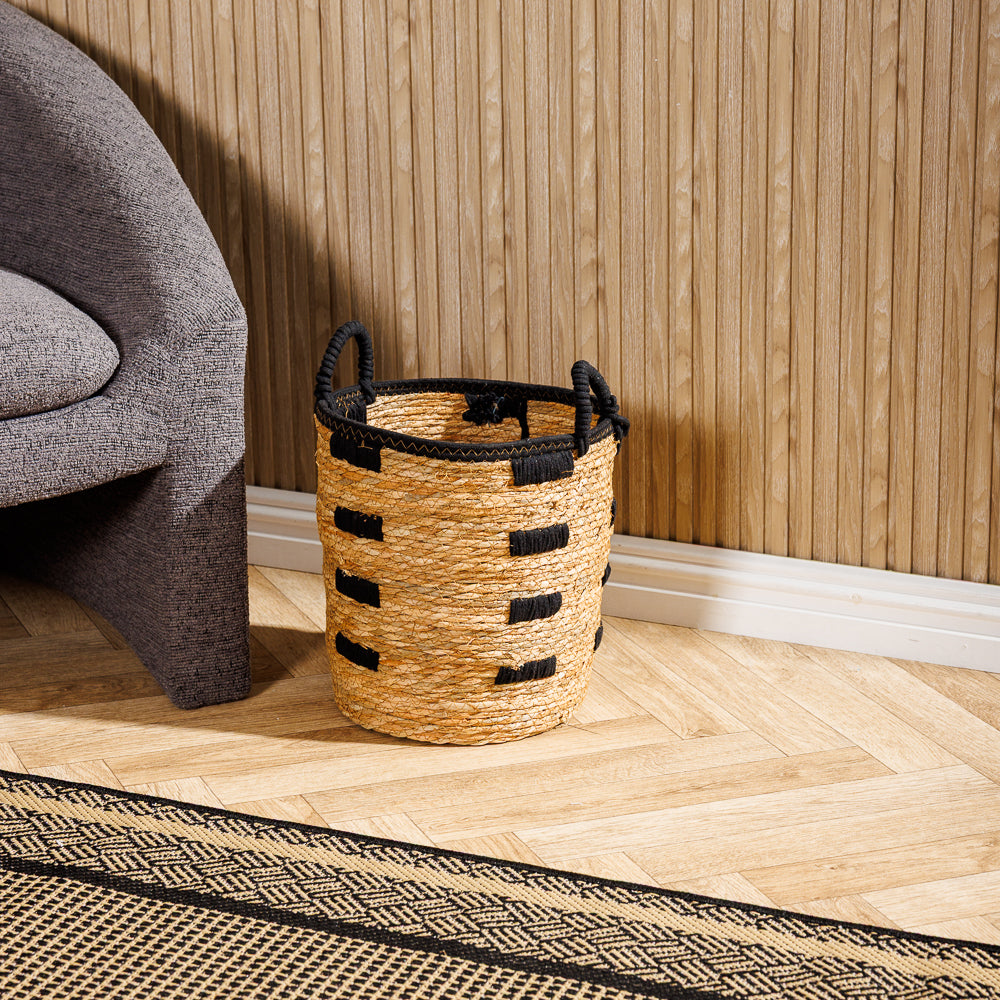 Home.Life Bulrush Basket Black Block Stitch Natural-Storage Baskets