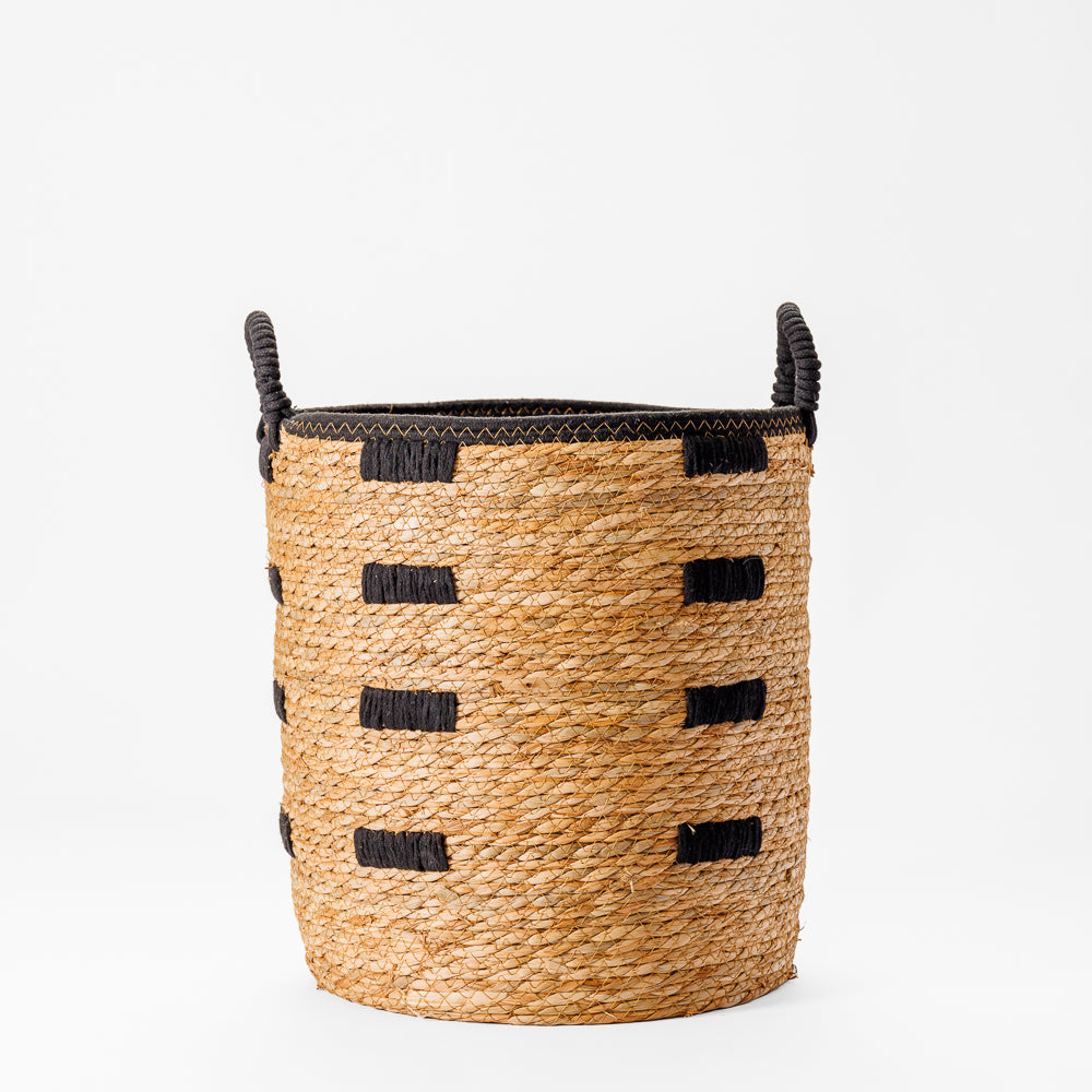 Home.Life Bulrush Basket Black Block Stitch Natural-Storage Baskets