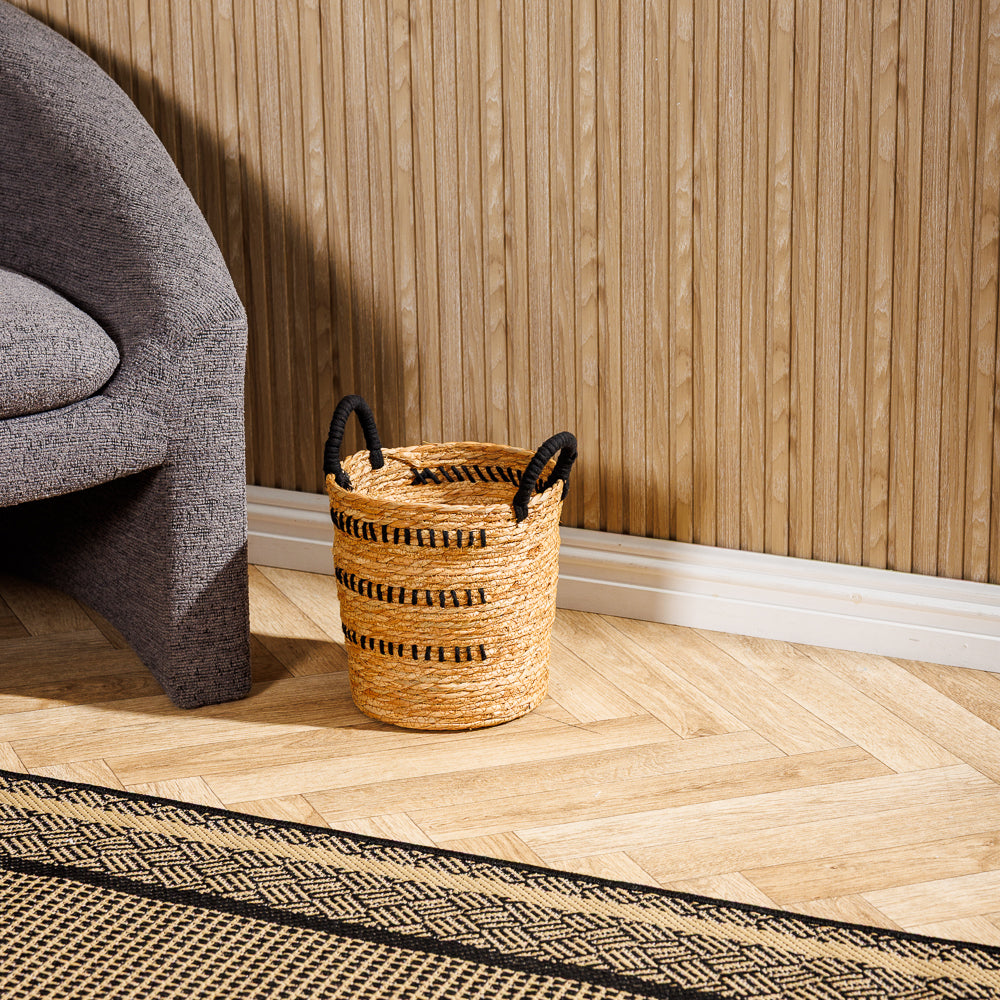 Home.Life Bulrush Basket Black Double Stitch Natural-Storage Baskets