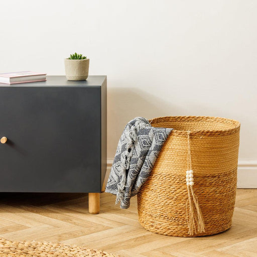 Home.Life Bulrush Paper Beaded Tassel Basket Natural-Storage Baskets