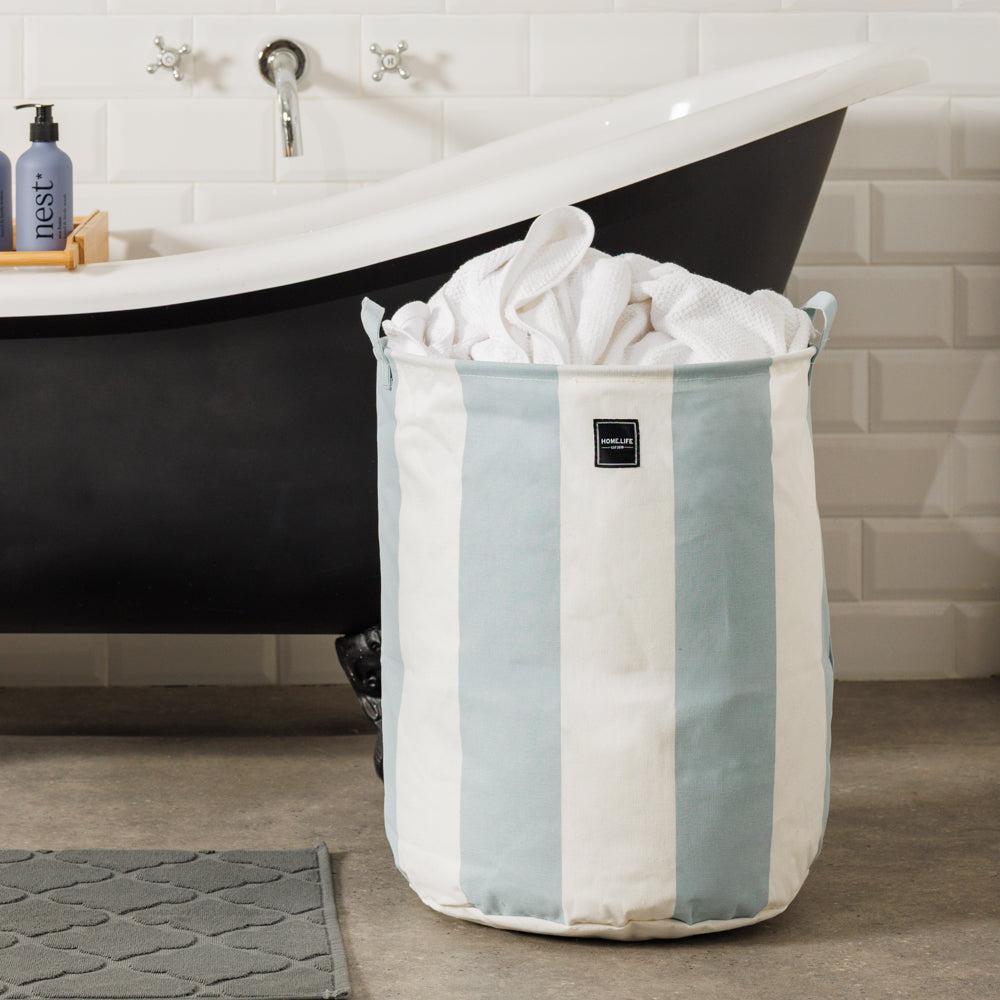 Home.Life Canvas Laundry Storage Bag Broad Stripe Dusty Blue-Laundry Basket