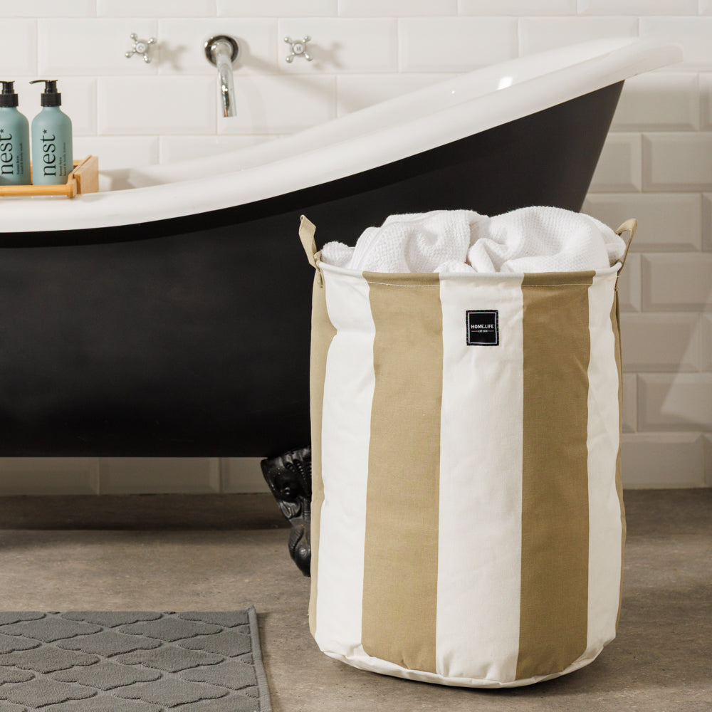 Home.Life Canvas Laundry Storage Bag Broad Stripe Mocca-Laundry Basket