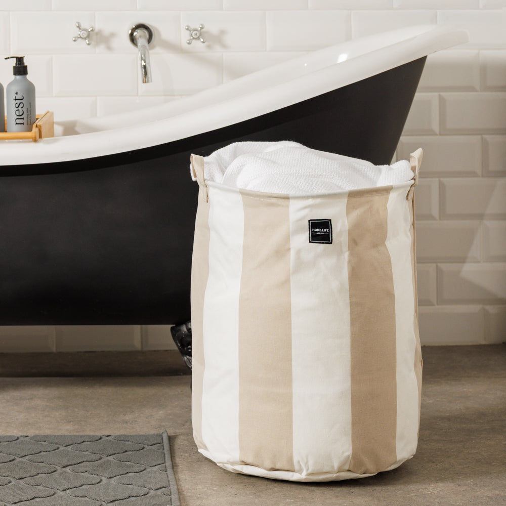 Home.Life Canvas Laundry Storage Bag Broad Stripe Stone-Laundry Basket