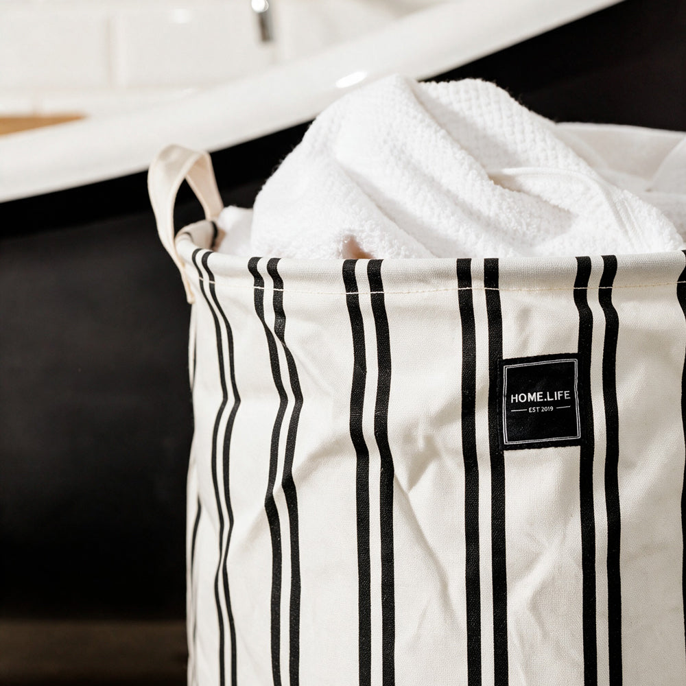 Home.Life Canvas Laundry Storage Bag Pinstripe Black-Laundry Basket