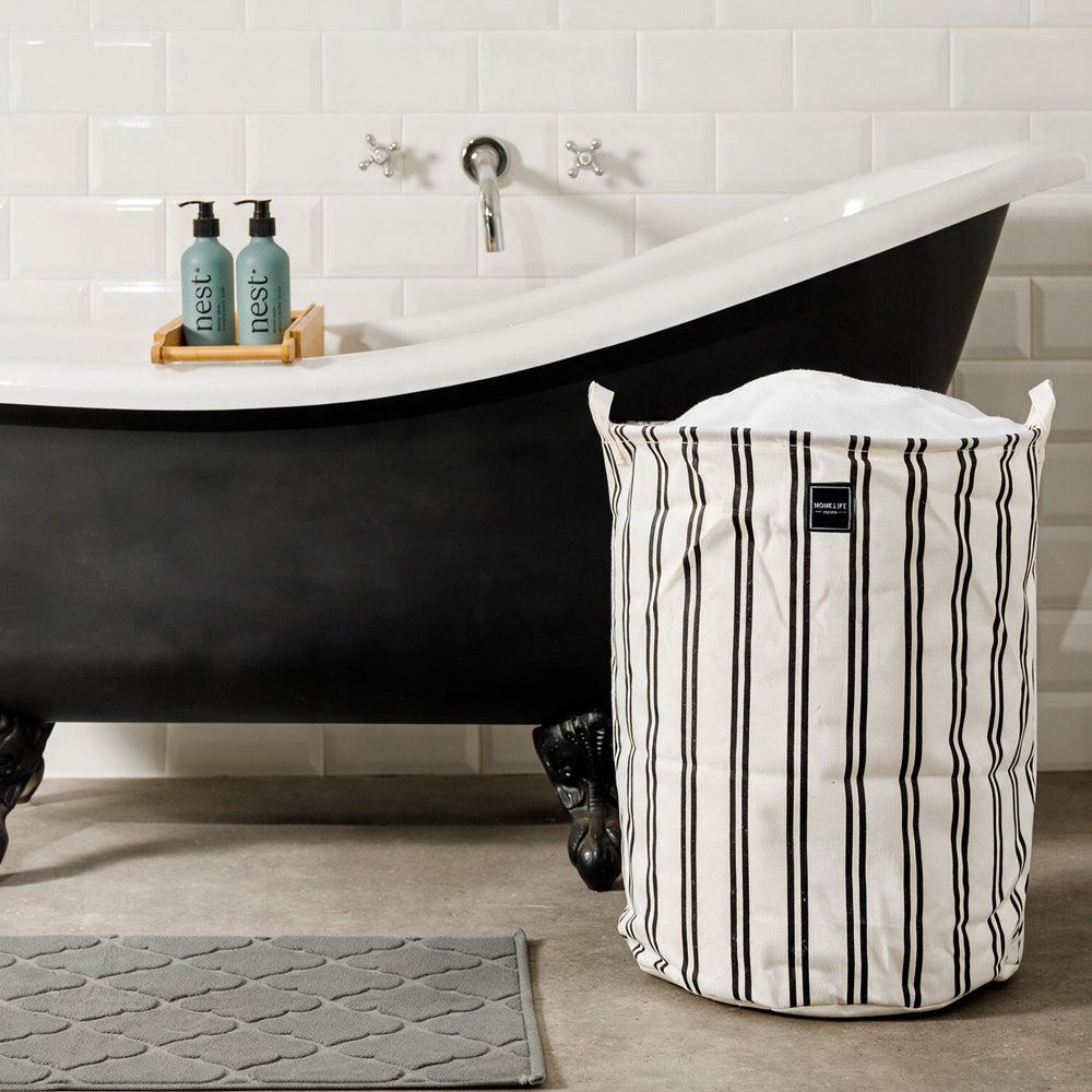 Home.Life Canvas Laundry Storage Bag Pinstripe Black-Laundry Basket