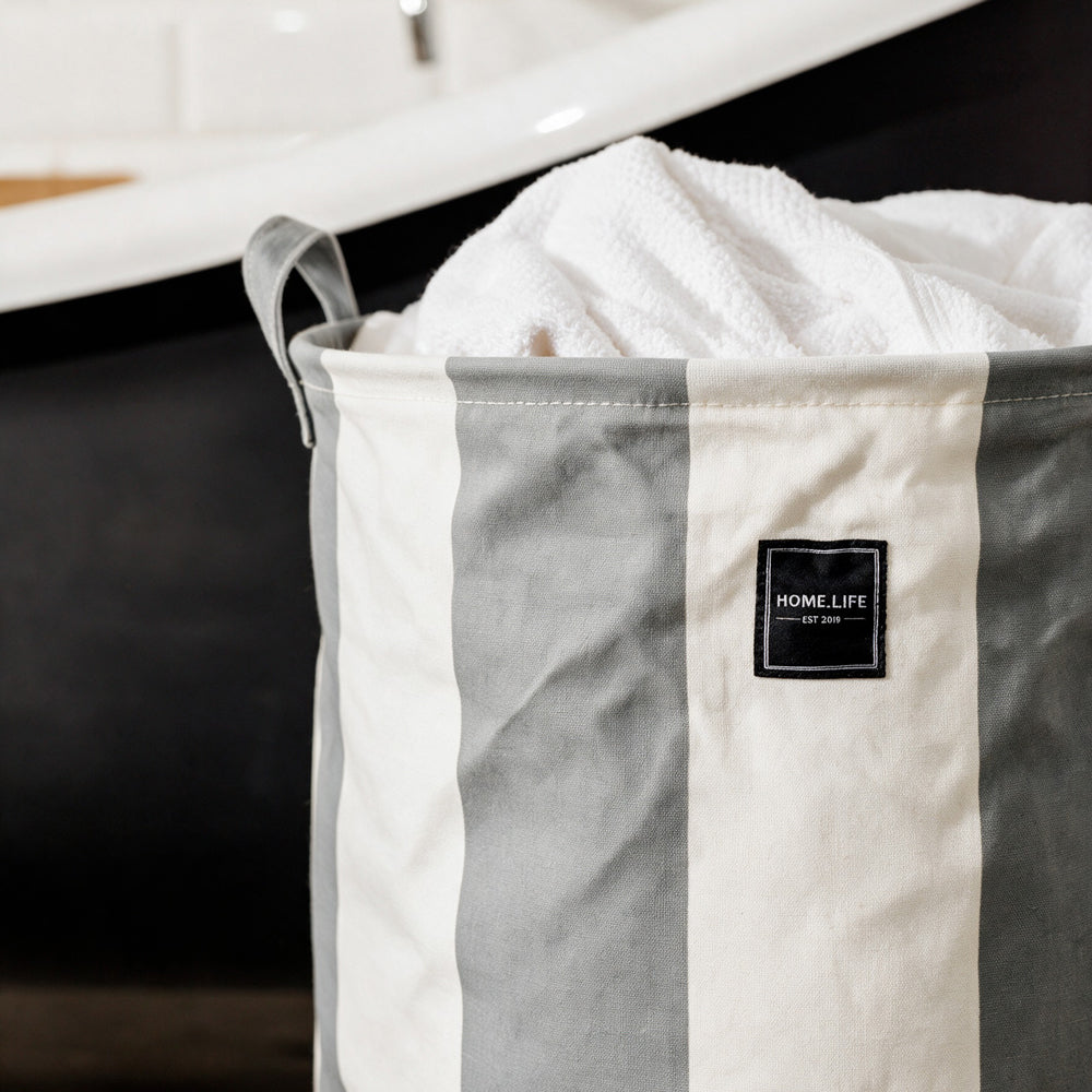 Home.Life Canvas Stripe Laundry Storage Bag Broad Grey-Laundry Basket