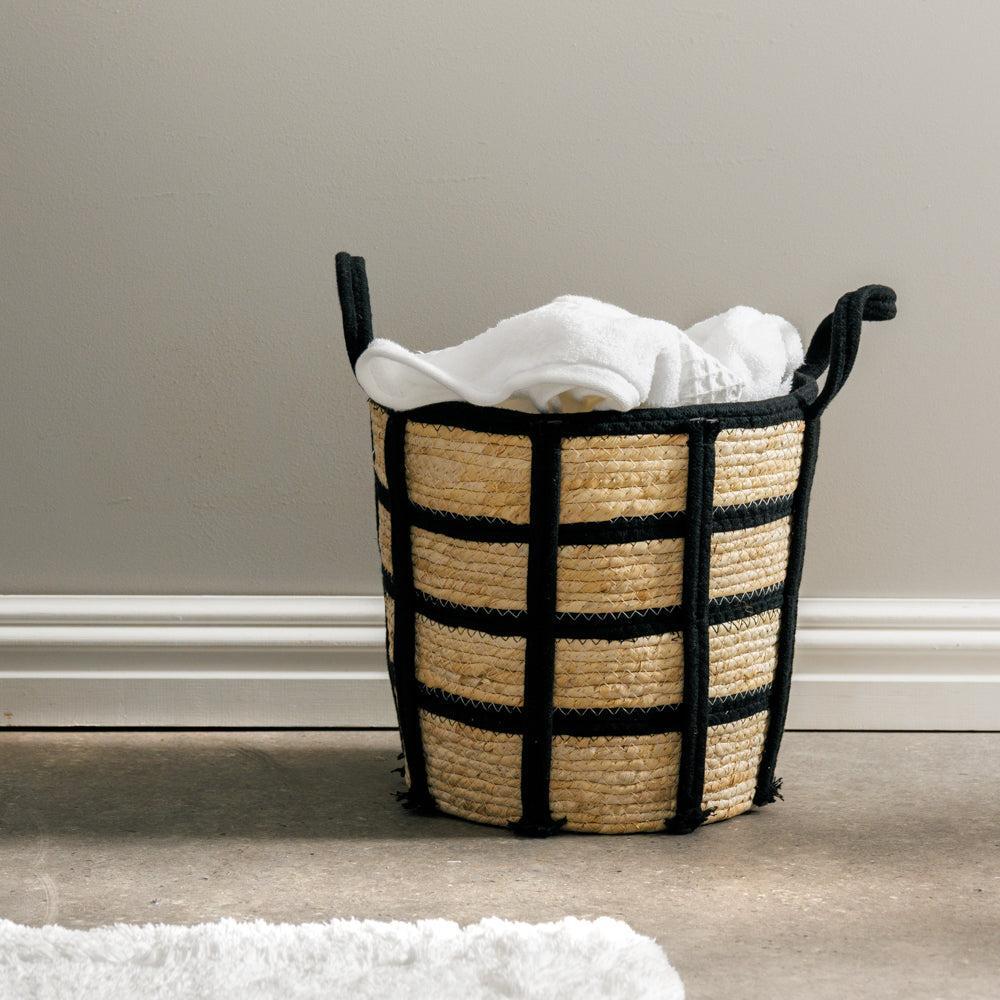 Home.Life Natural Corn Rope Stripe Basket Black