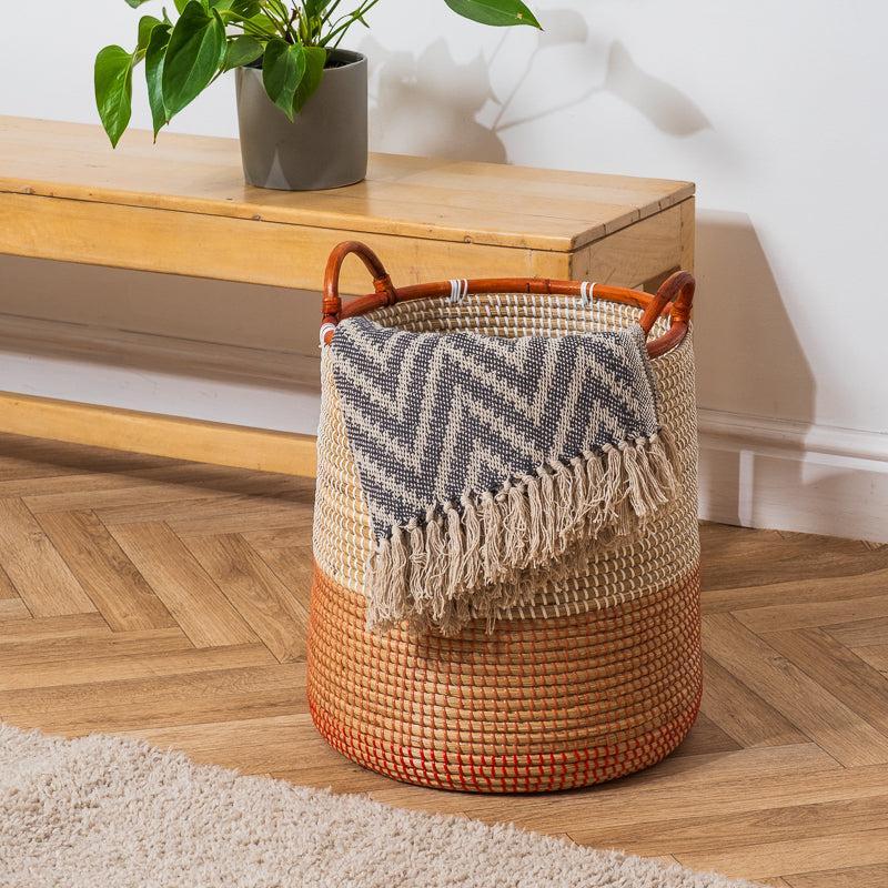 Seagrass Toned Rattan Rimmed Round Basket - Tan-Basket