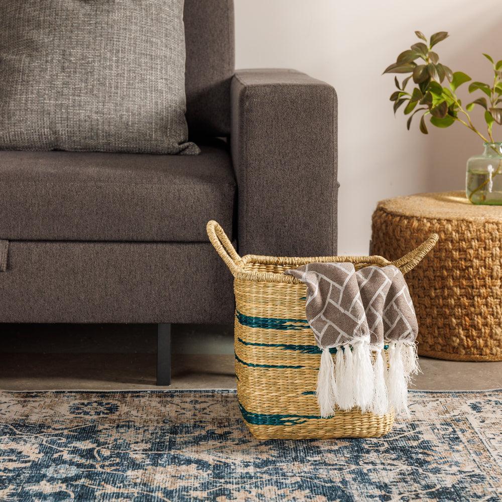 Home.Life Square Seagrass Basket Abstract Line with Handles Midnight Blue-Storage Baskets
