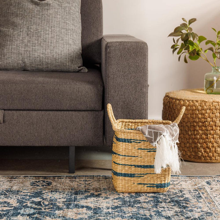 Home.Life Square Seagrass Basket Abstract Line with Handles Midnight Blue-Storage Baskets